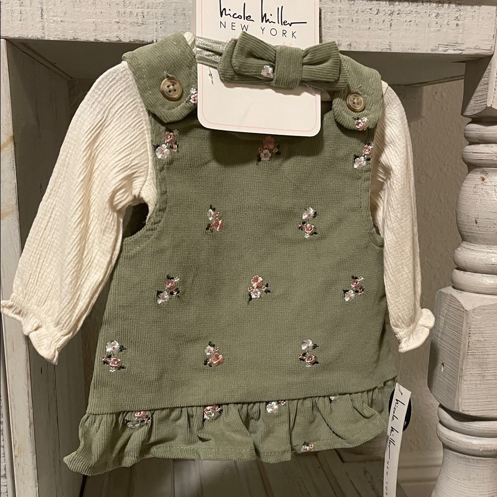 Floral Embroidered Green Jumper Dress and Headband Set